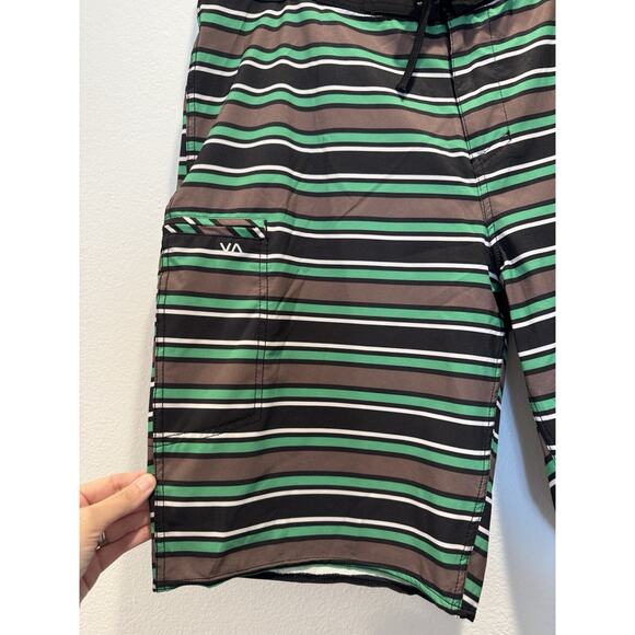 RVCA Men’s Size 36 Striped Board Shorts Swim Green Brown Black By PM Tenore - Picture 4 of 8